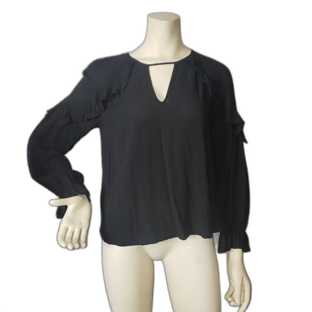 LUSH Long Sleeve Black Ruffle Top with Cut Out Details Womens Size Medium